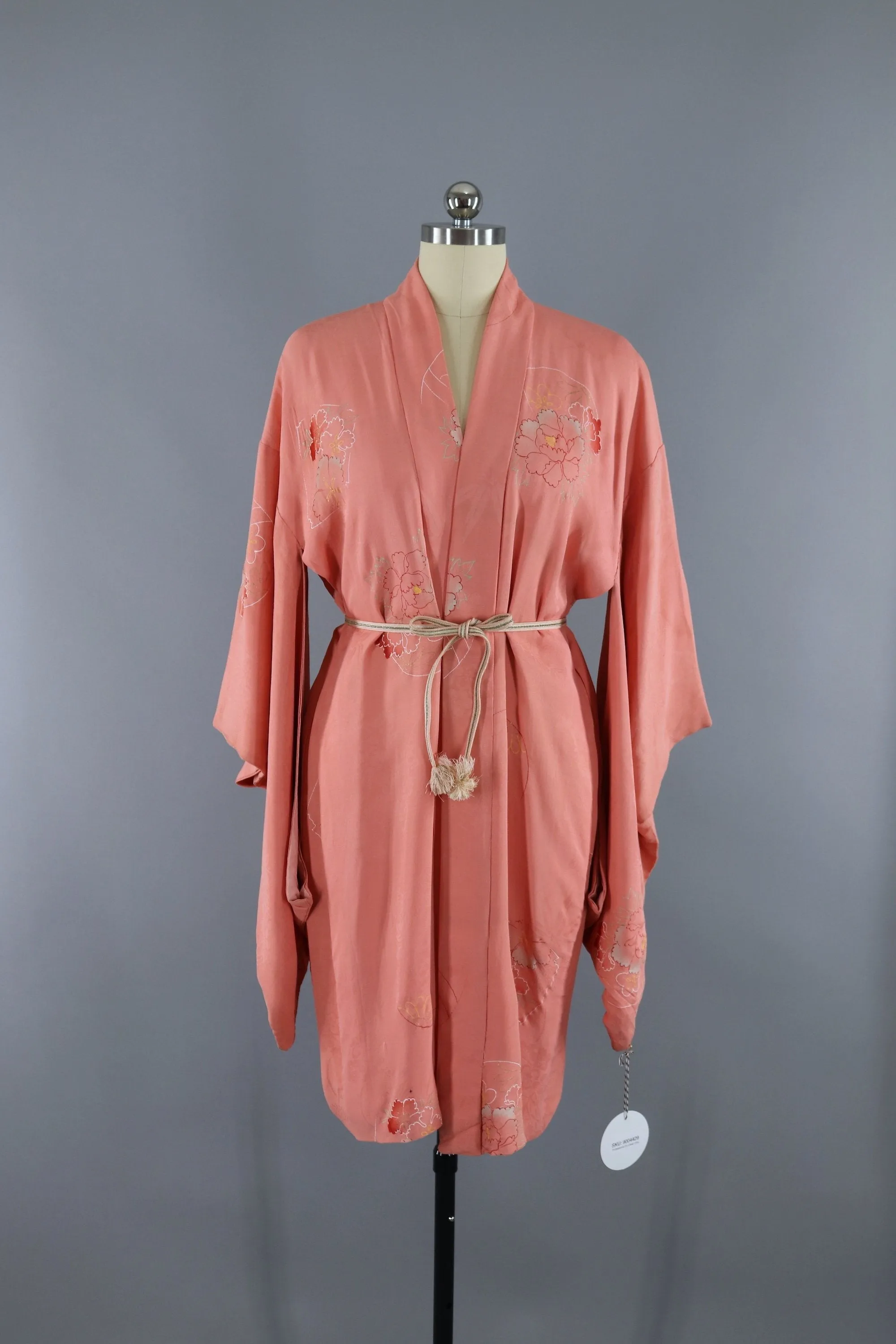 Vintage 1930s Silk Haori Kimono Cardigan Jacket / Pink Peony Floral Print