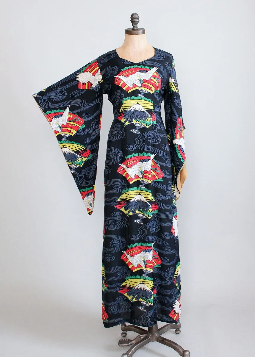 Vintage 1940s Tropicana Japanese Print Rayon Kimono Dress