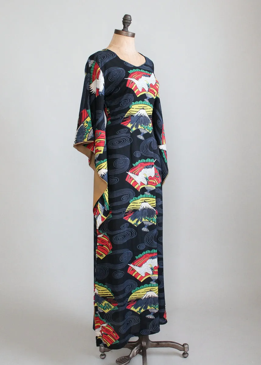 Vintage 1940s Tropicana Japanese Print Rayon Kimono Dress