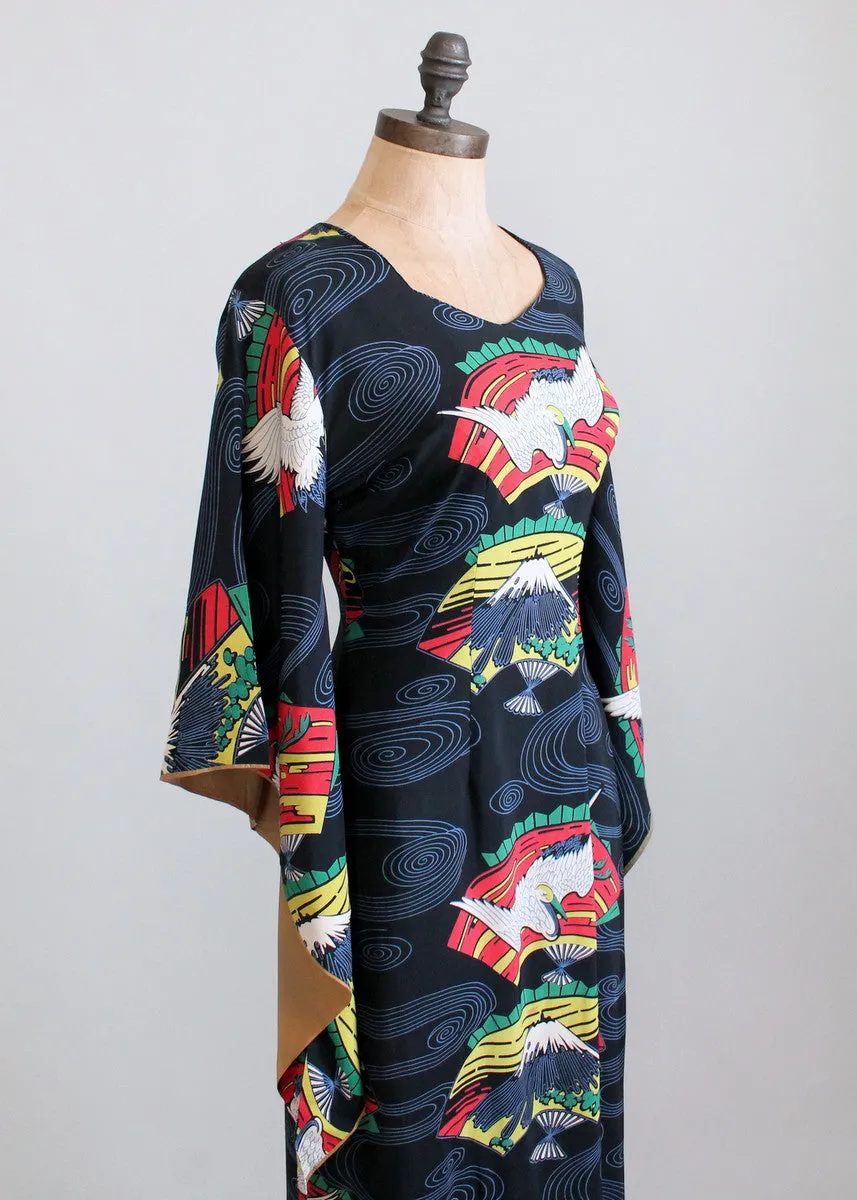 Vintage 1940s Tropicana Japanese Print Rayon Kimono Dress