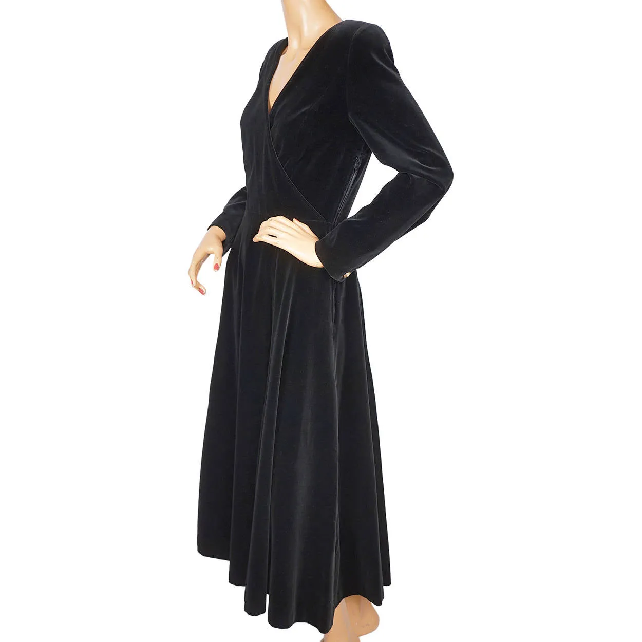 Vintage 1980s Laura Ashley Black Velvet Dress Size 12 Gothic Classic Made in UK