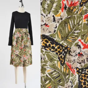 Vintage 80s Floral Giraffe Print Skirt Elastic Waist Straight Midi Skirt Safari Novelty Print size S M