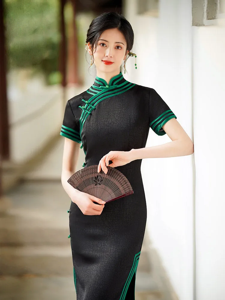 Vintage Black Artistic Cracked Pattern Texture Fragrant Cloud Brocade Cheongsam Dress for Women