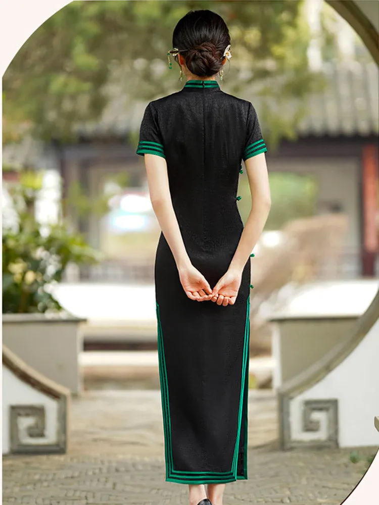 Vintage Black Artistic Cracked Pattern Texture Fragrant Cloud Brocade Cheongsam Dress for Women