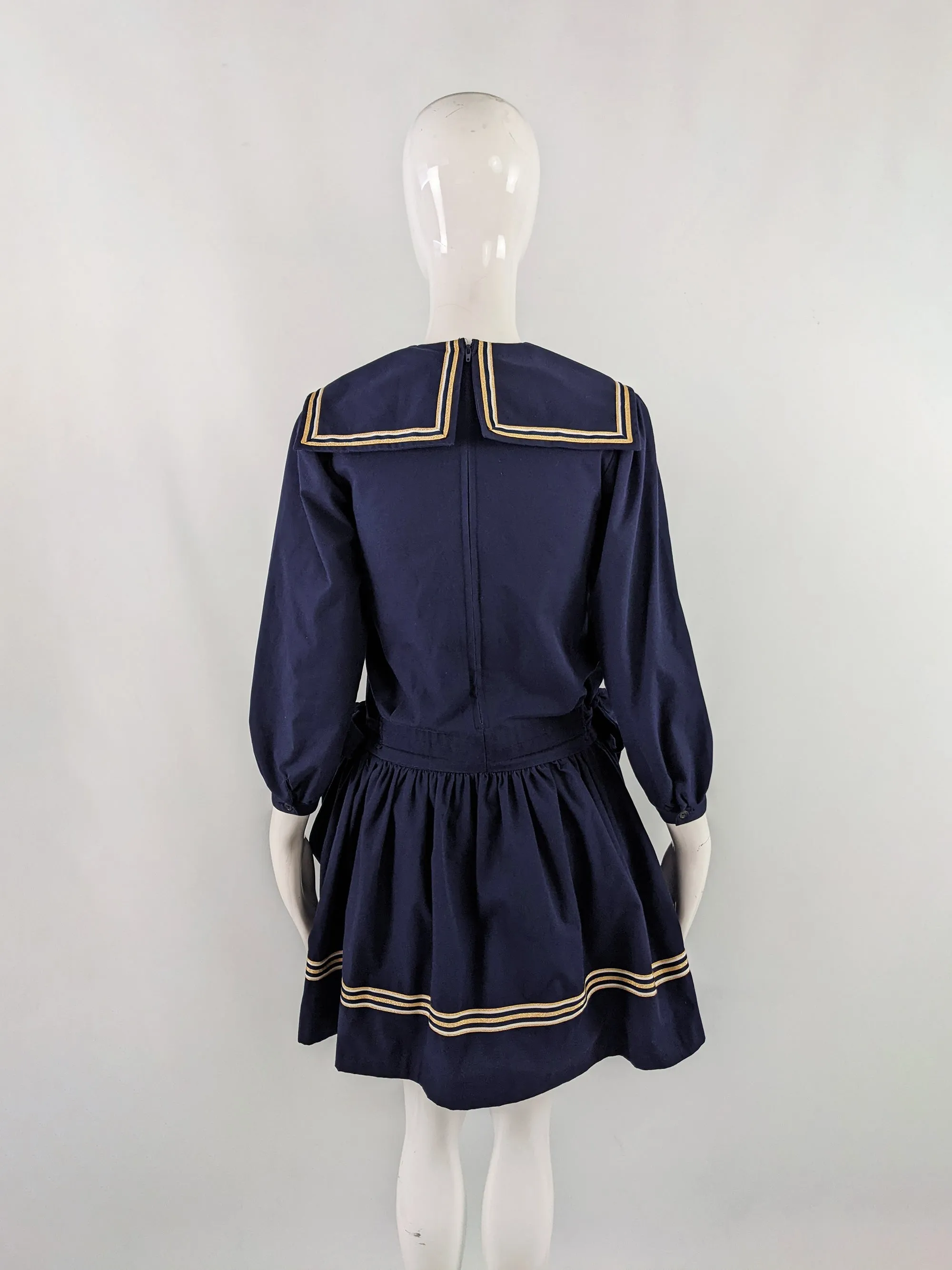 Vintage Blue Sailor Collar Pussybow Dress, 1980s