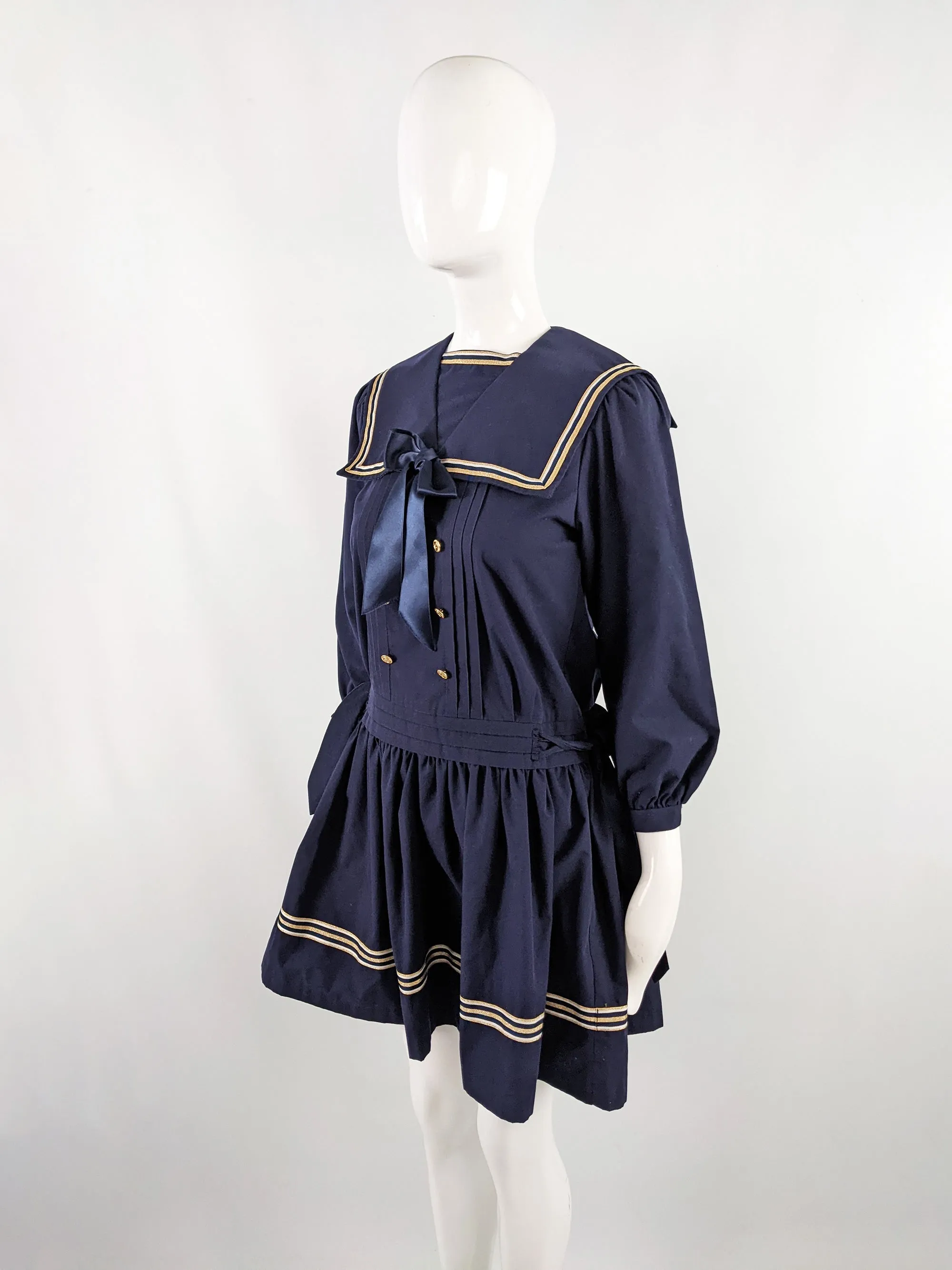 Vintage Blue Sailor Collar Pussybow Dress, 1980s