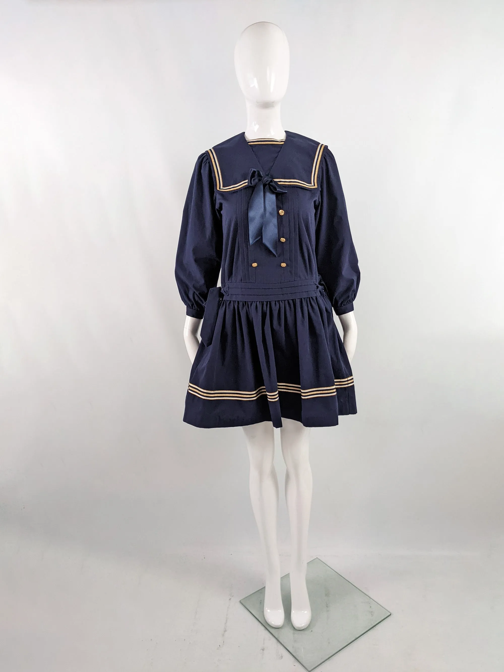 Vintage Blue Sailor Collar Pussybow Dress, 1980s