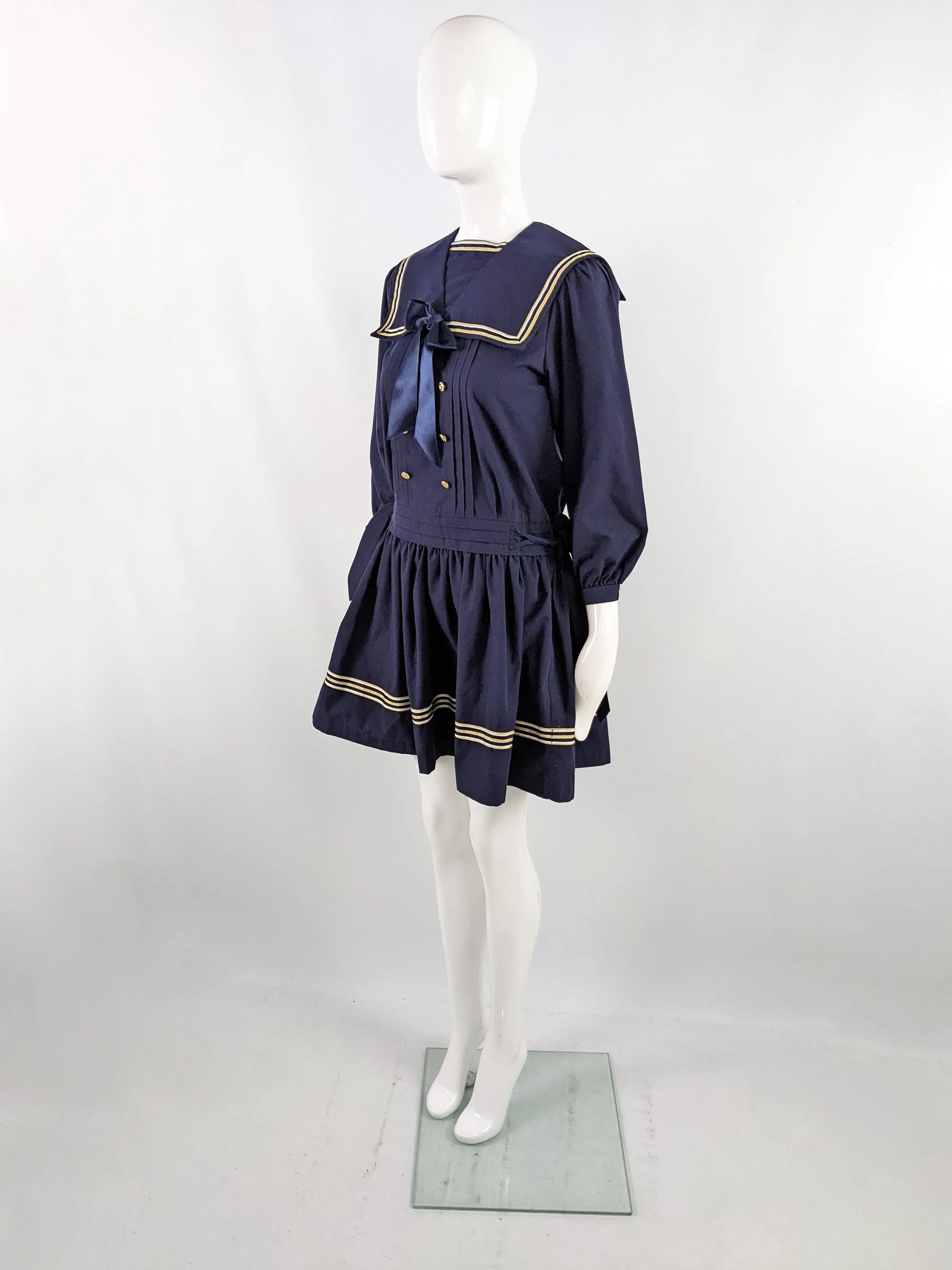 Vintage Blue Sailor Collar Pussybow Dress, 1980s