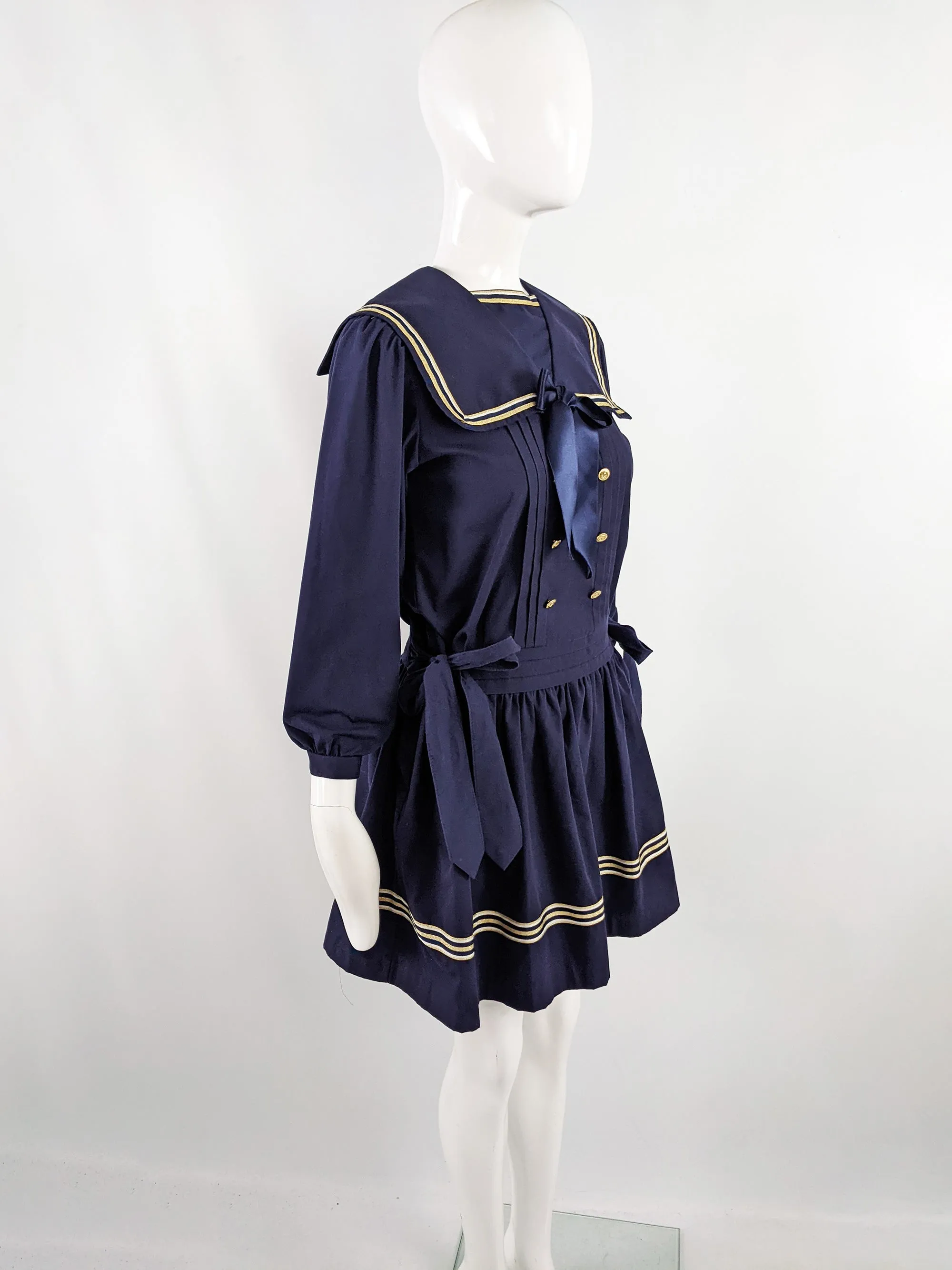 Vintage Blue Sailor Collar Pussybow Dress, 1980s