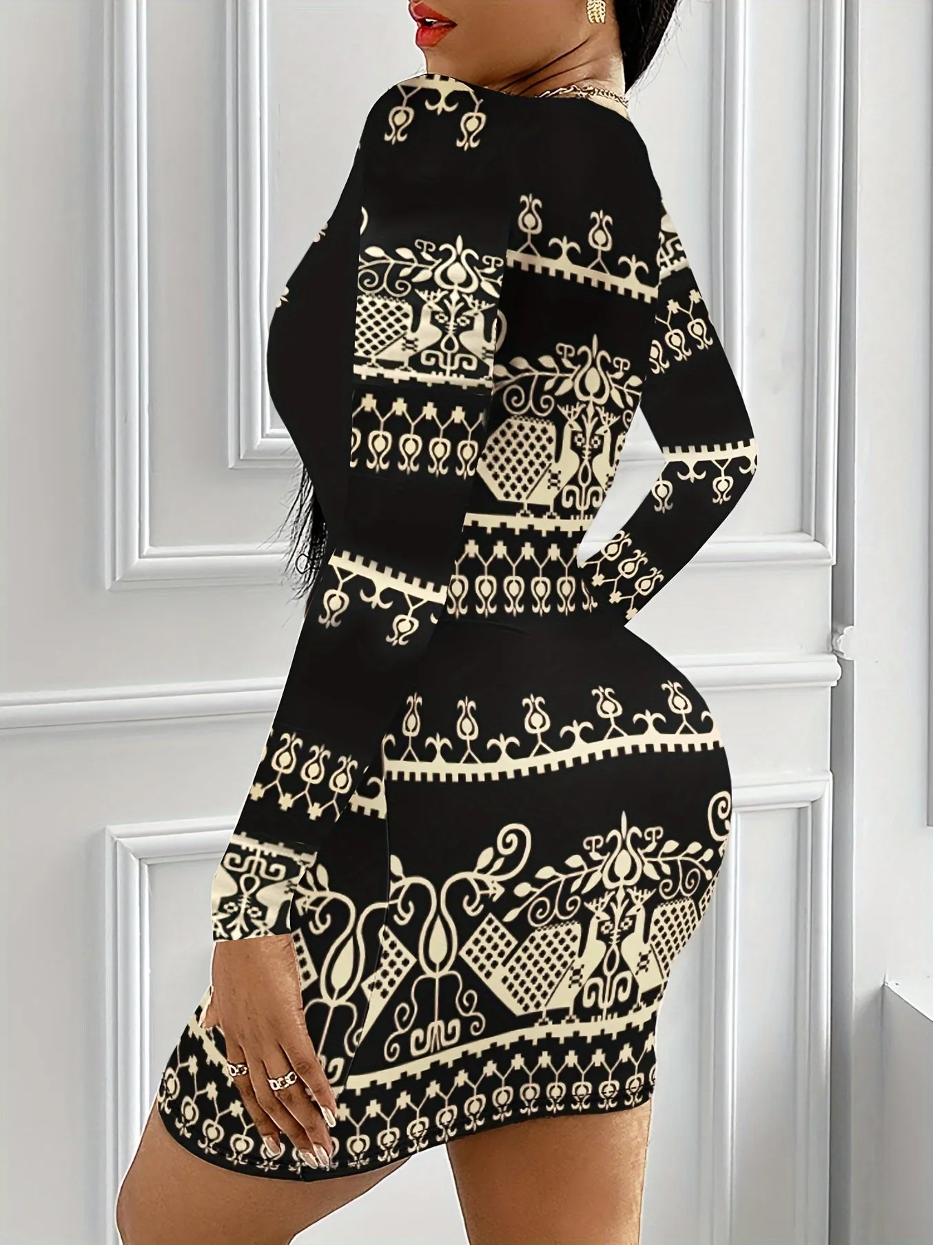 Vintage Graphic Print V-neck Dress, Elegant Long Sleeve Bodycon Dress For Spring & Fall, Women's Clothing