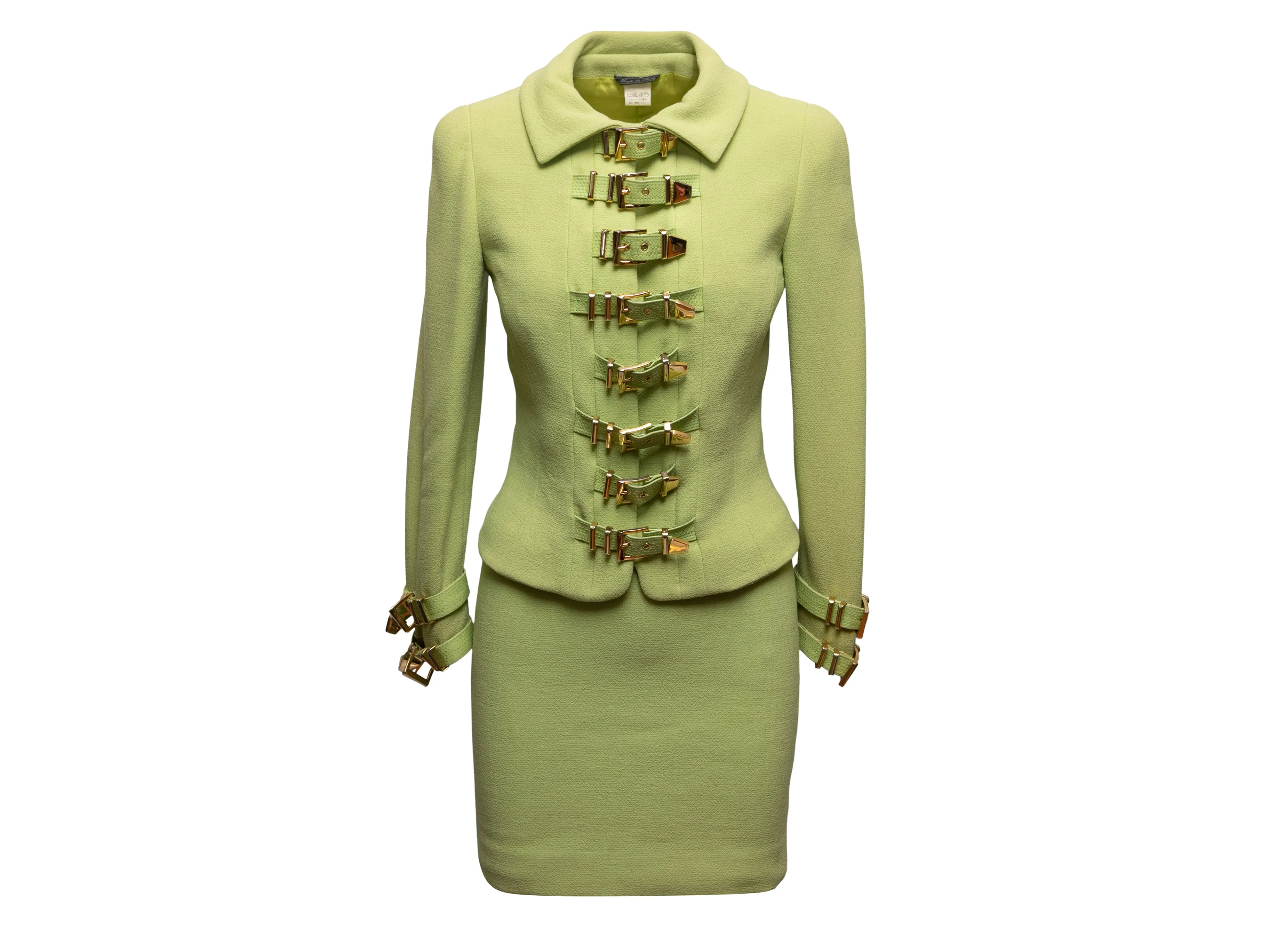 Vintage Lime Green Gianni Versace Couture Fall/Winter 1992 Buckle Skirt Suit Size US S