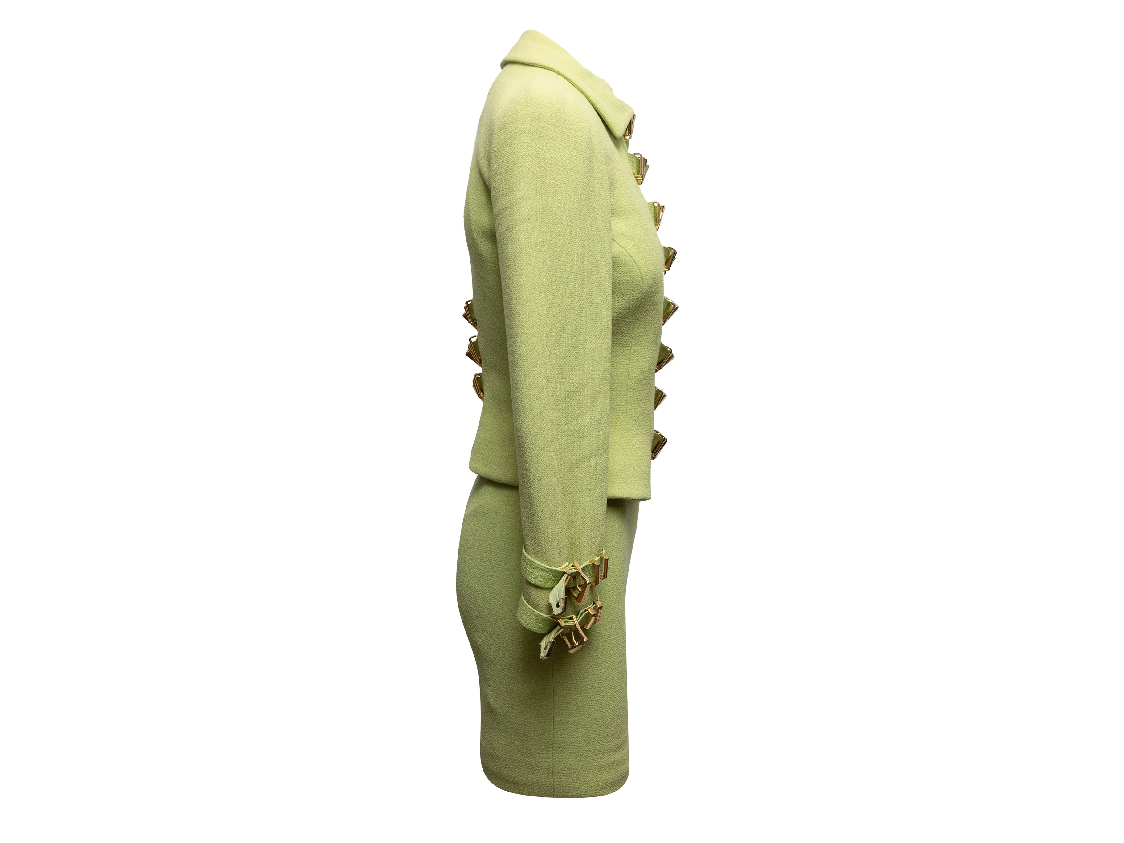 Vintage Lime Green Gianni Versace Couture Fall/Winter 1992 Buckle Skirt Suit Size US S