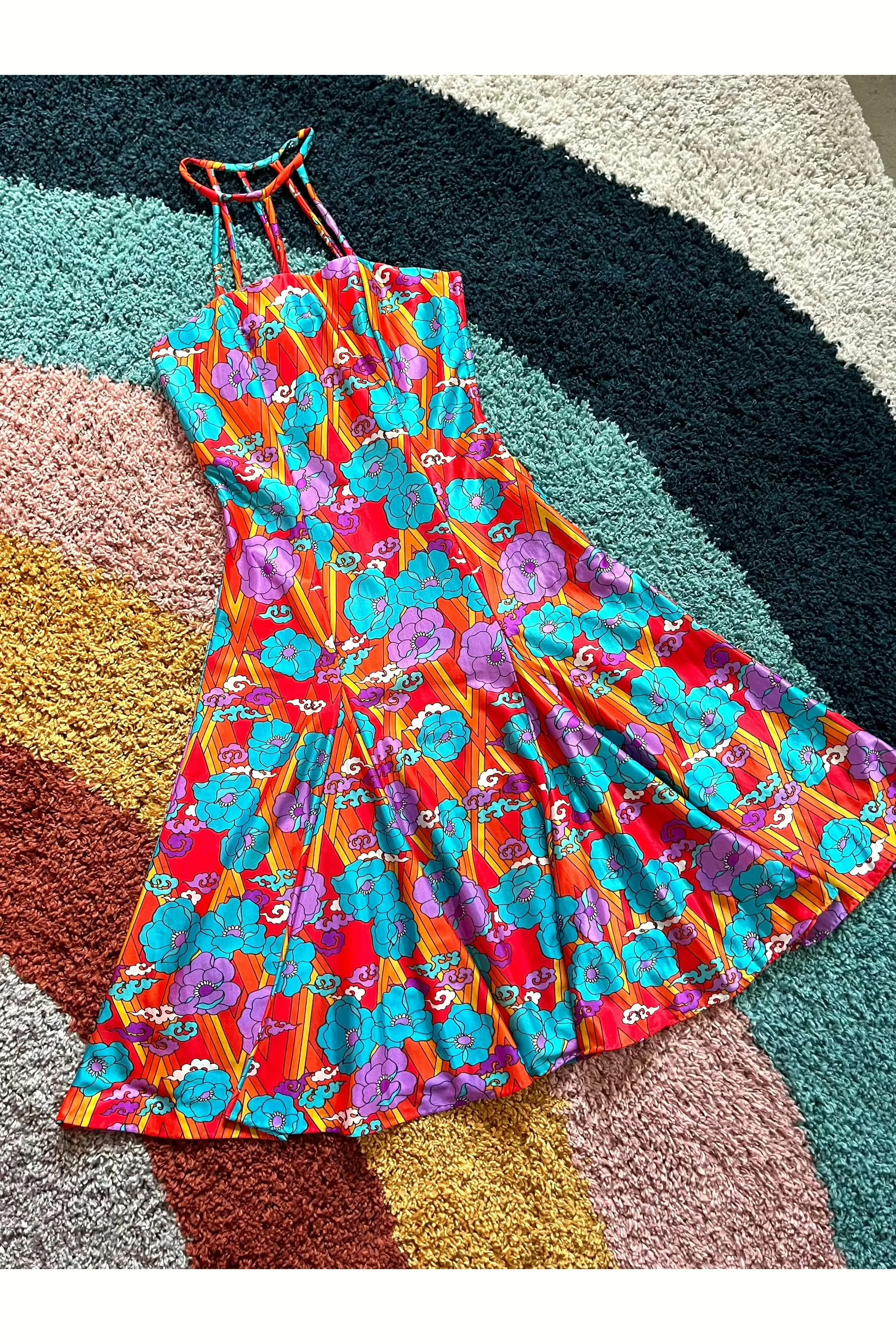 Vintage RARE 70s Cage/Cutout Neck Rainbow Flower Power Dress