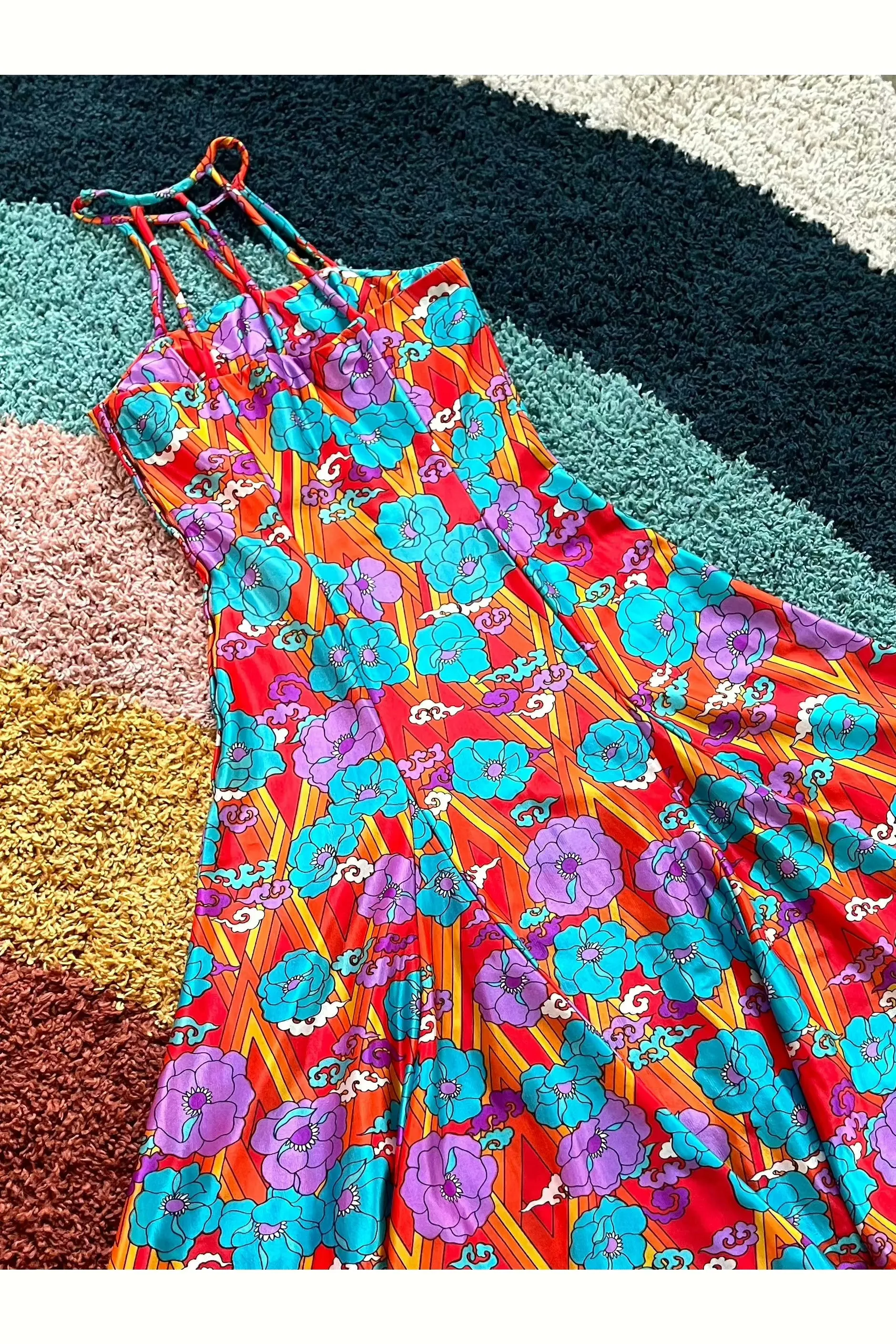 Vintage RARE 70s Cage/Cutout Neck Rainbow Flower Power Dress