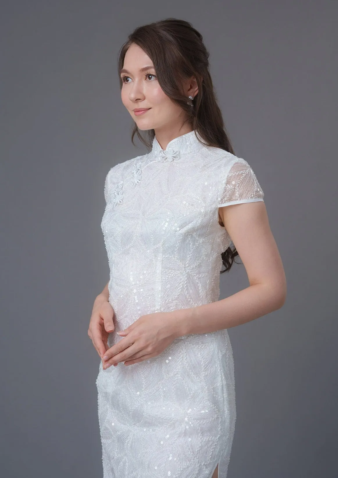 Whispering Petals Cap Sleeve Lace Qipao