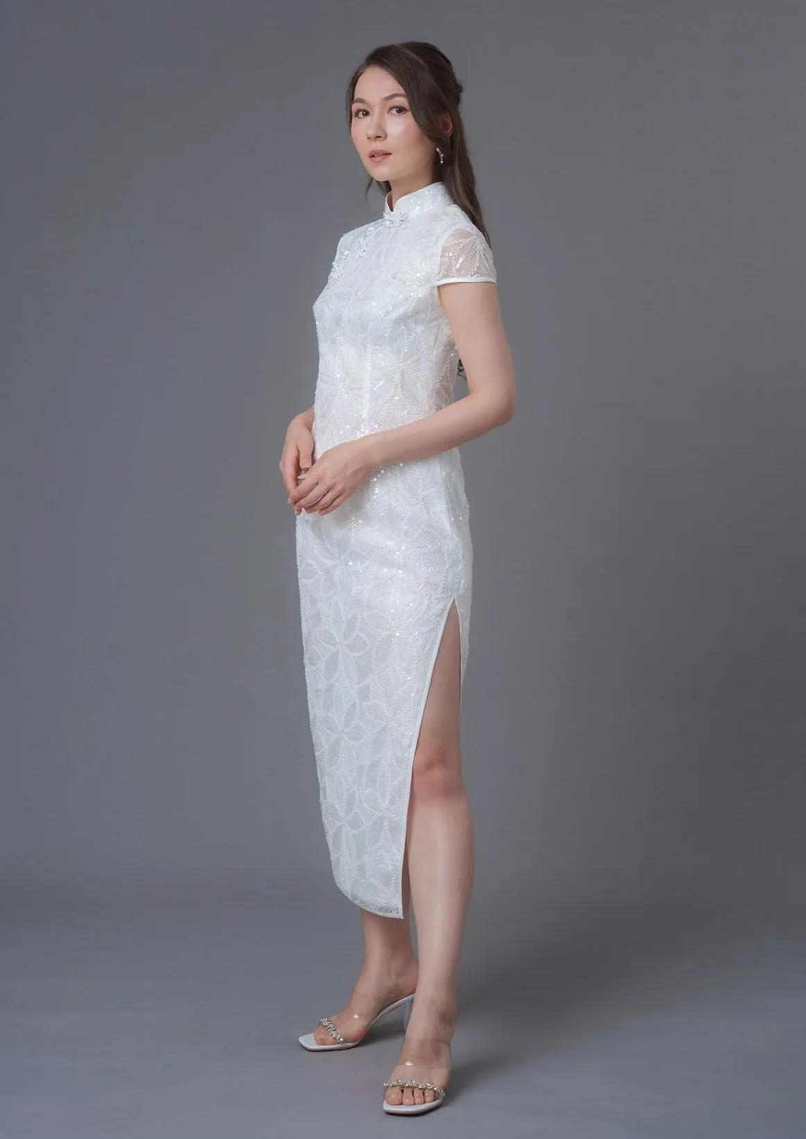 Whispering Petals Cap Sleeve Lace Qipao