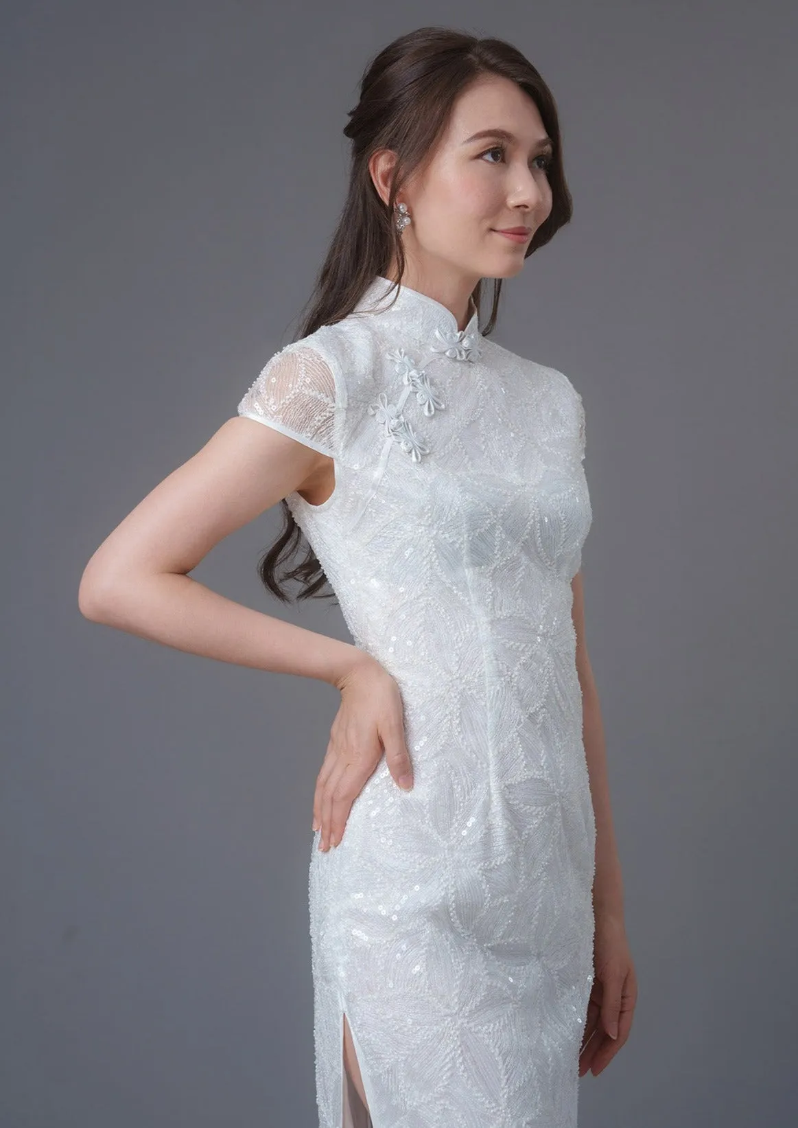 Whispering Petals Cap Sleeve Lace Qipao