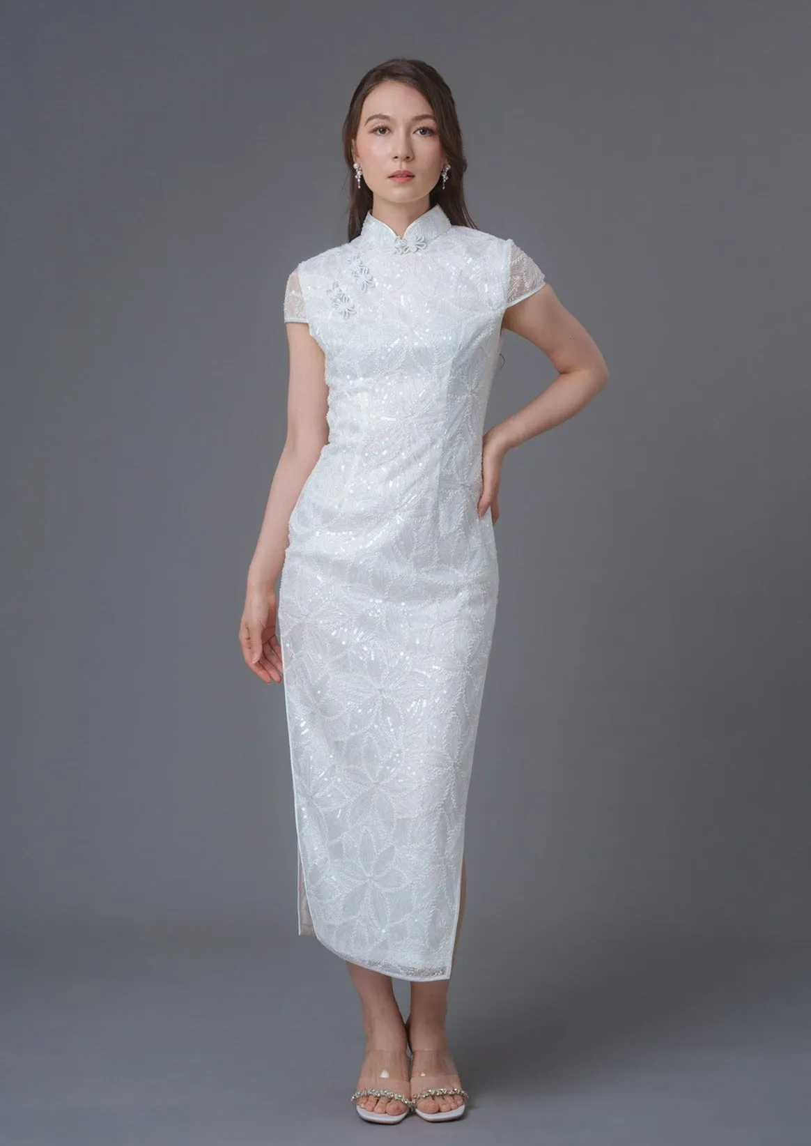 Whispering Petals Cap Sleeve Lace Qipao