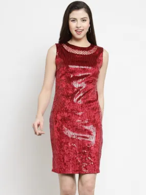 Women Sequined Red Dress With Embellished Neck