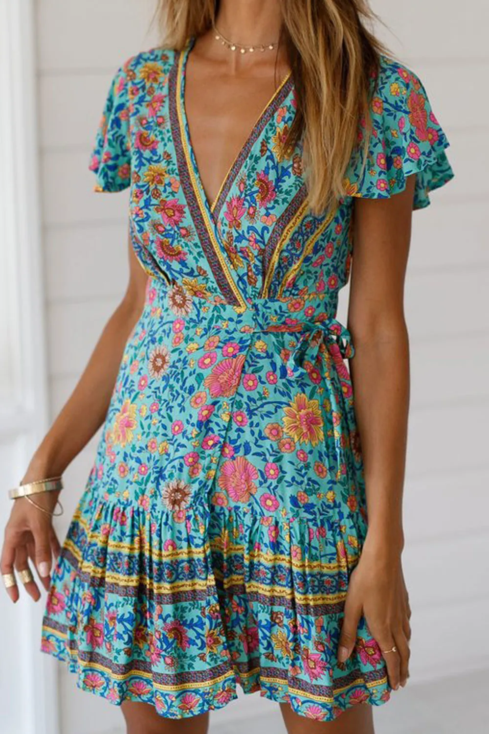 Women Short Sleeve Printed V-Neck Summer Dress - C12754