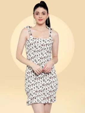 Women White Printed Dress With Smocking