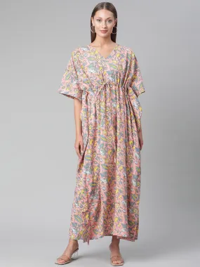 Women'S Pink Floral Cotton Kaftan