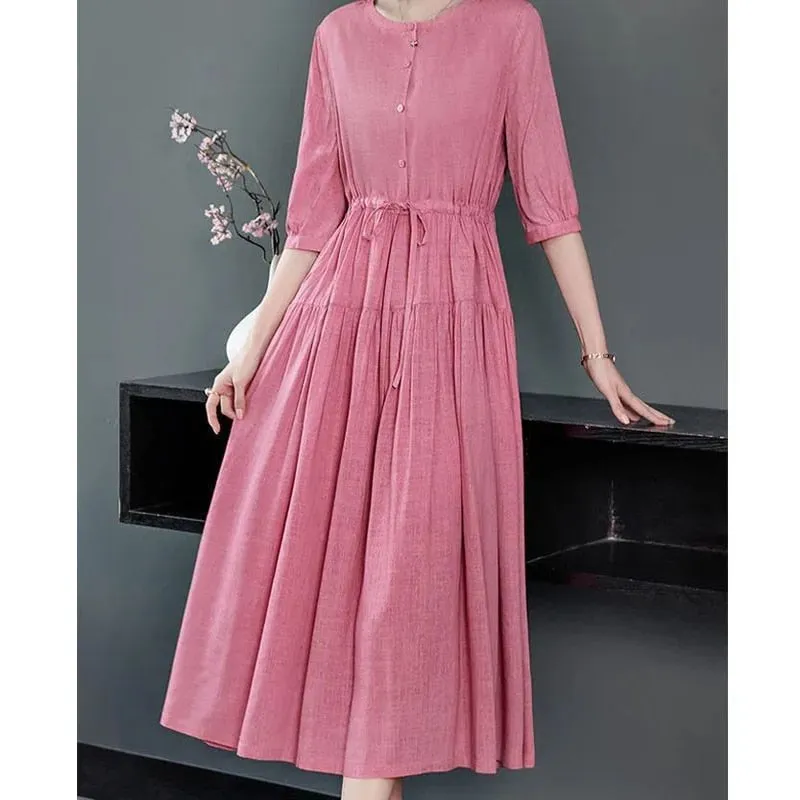 Women's Vintage Lace Up Button Cotton Dress Spring Summer Fashion Solid High Waist Midi Dress - WD8028