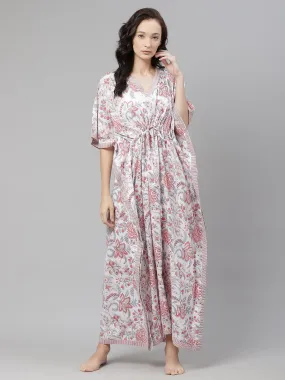 Women'S White And Pink Floral Print Kaftan