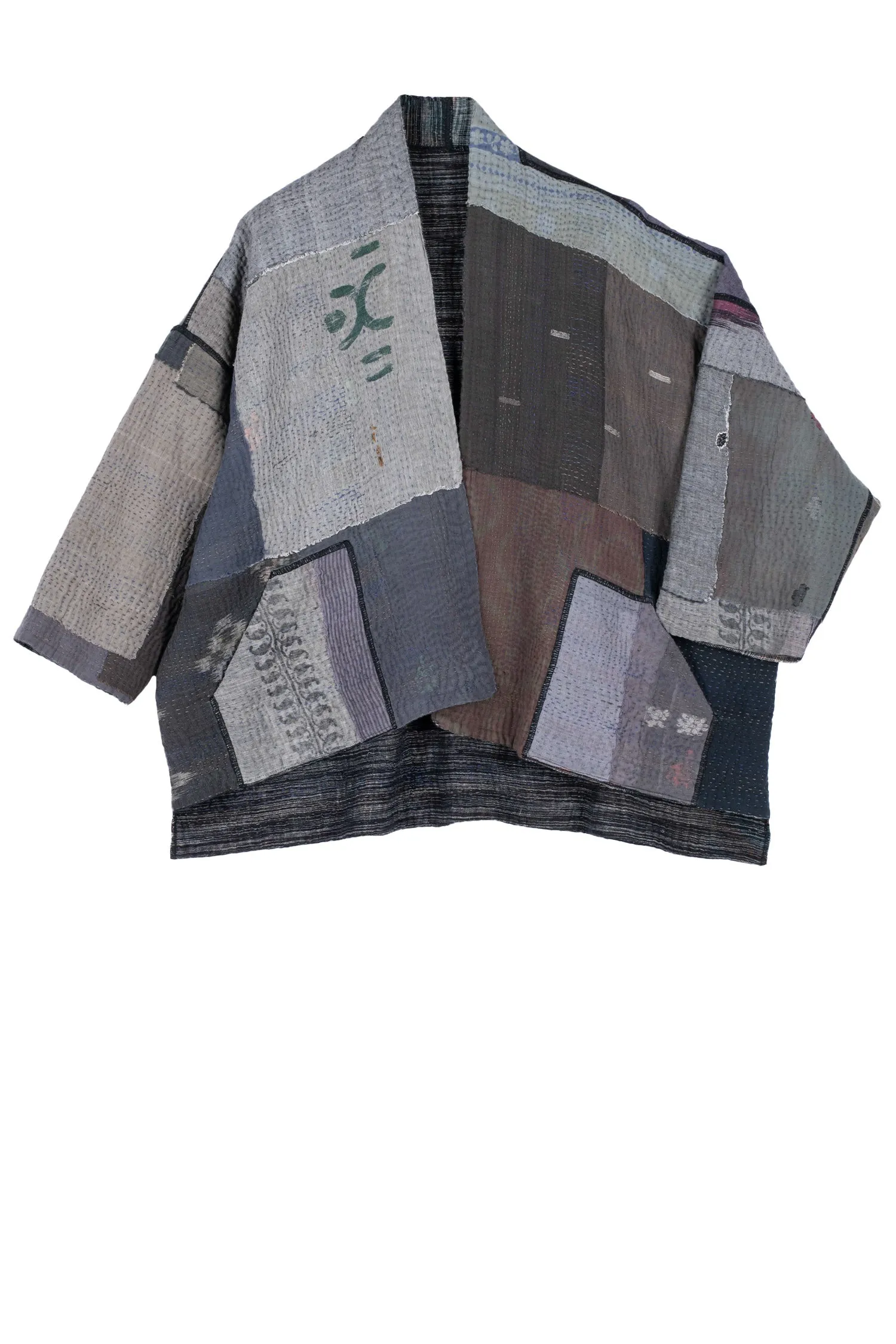 WOVEN IKAT & FRAYED PATCH KANTHA MINI KIMONO JKT - wk4055-gry -