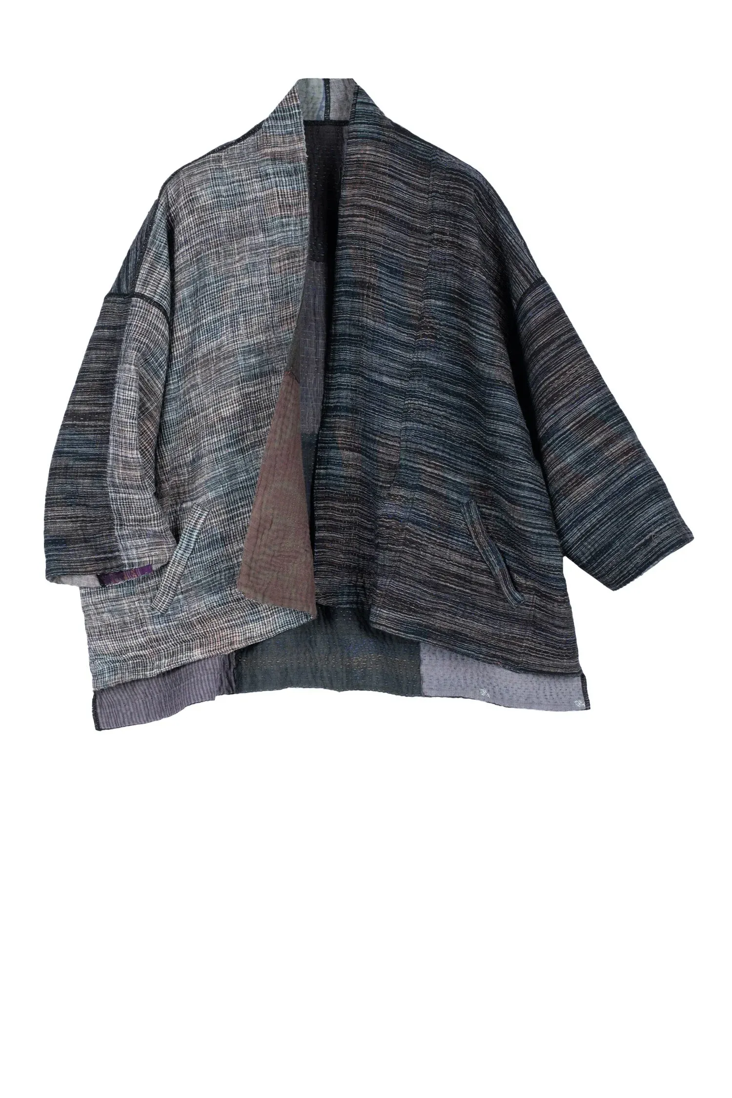 WOVEN IKAT & FRAYED PATCH KANTHA MINI KIMONO JKT - wk4055-gry -