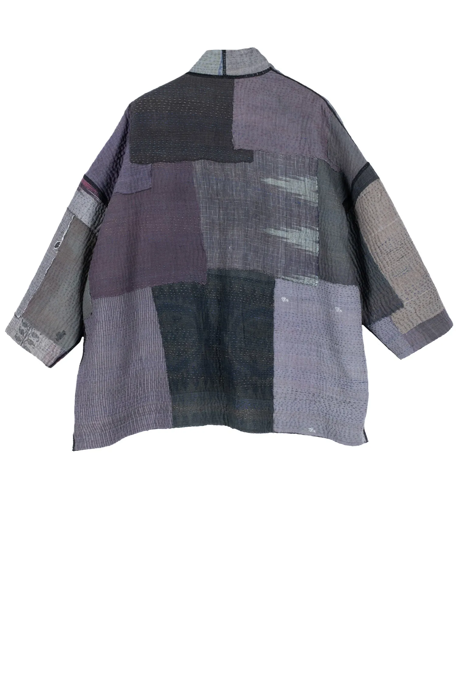 WOVEN IKAT & FRAYED PATCH KANTHA MINI KIMONO JKT - wk4055-gry -