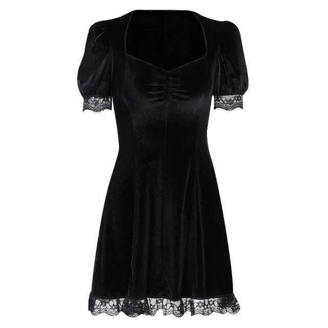 Yeknu Vintage Lace Black Dress Goth Sexy High Waist Mini Dress Aesthetic Elegant Short Sleeve A Line Dress Party Club Wear