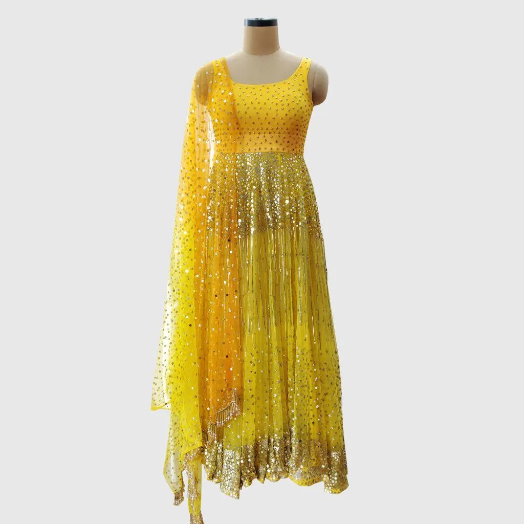 Yellow Foil Embellished Gown Suit