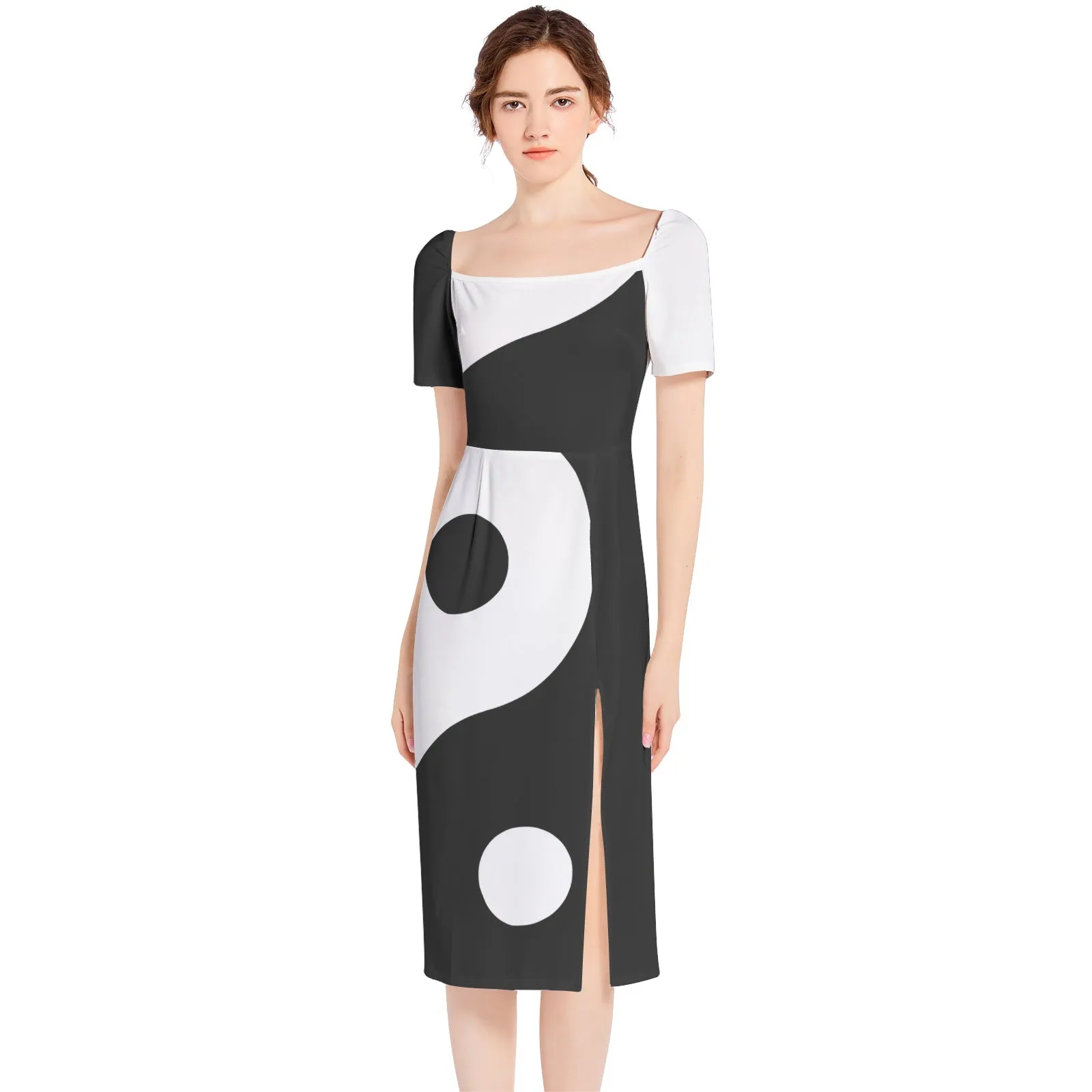 Yin Yang Theme Split Thigh Midi Bodycon Dress