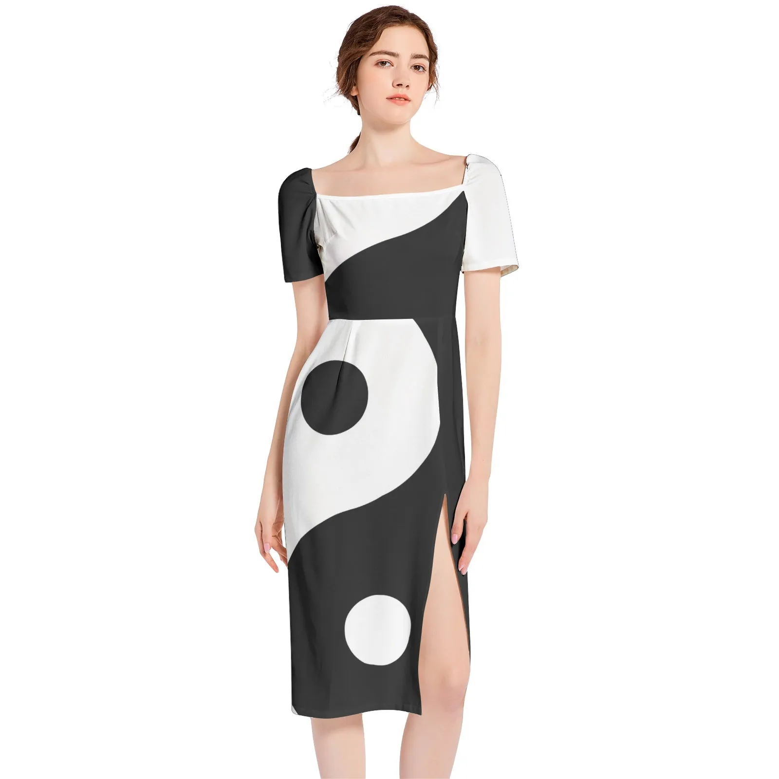 Yin Yang Theme Split Thigh Midi Bodycon Dress