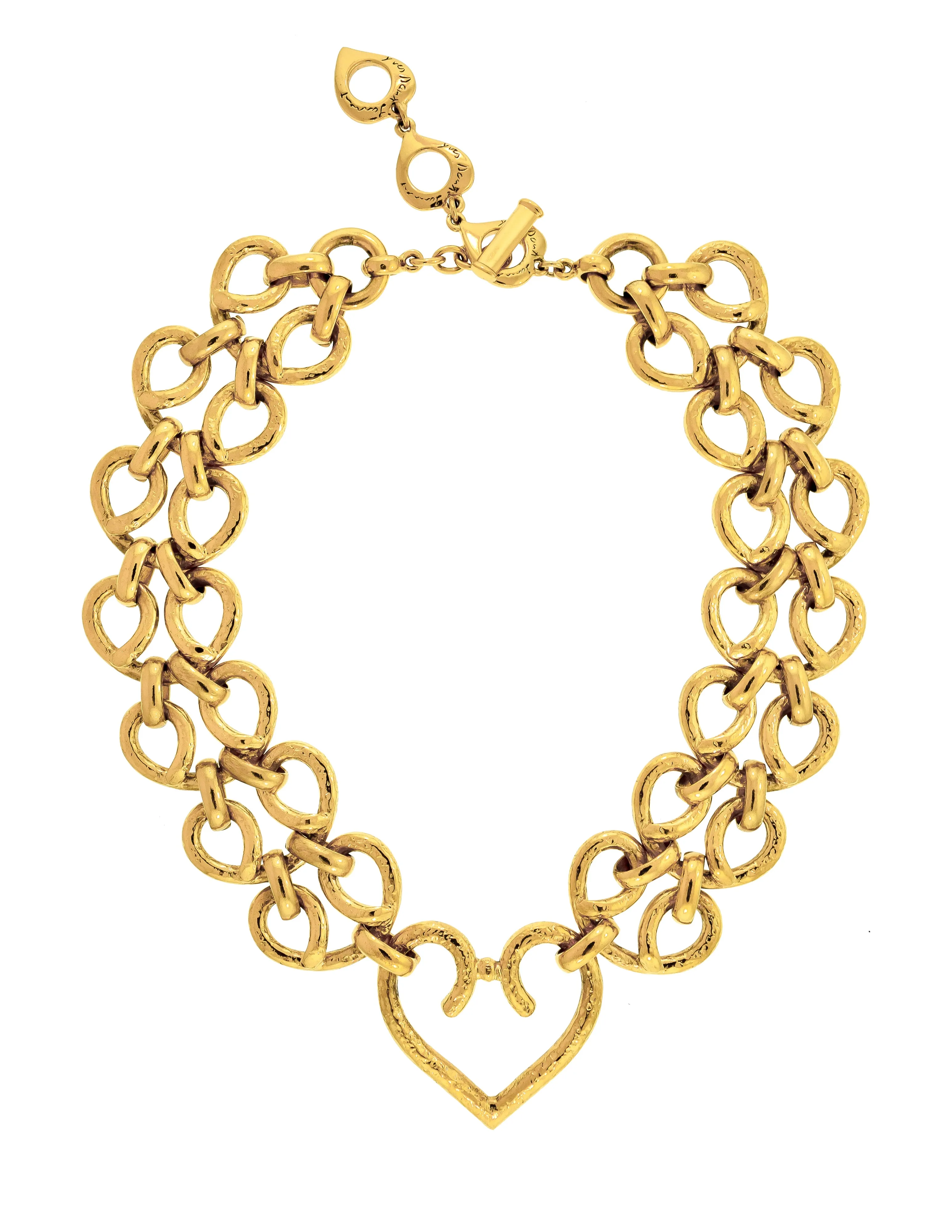 Yves Saint Laurent Vintage Gold Hammered Heart Scrolling Chain Necklace