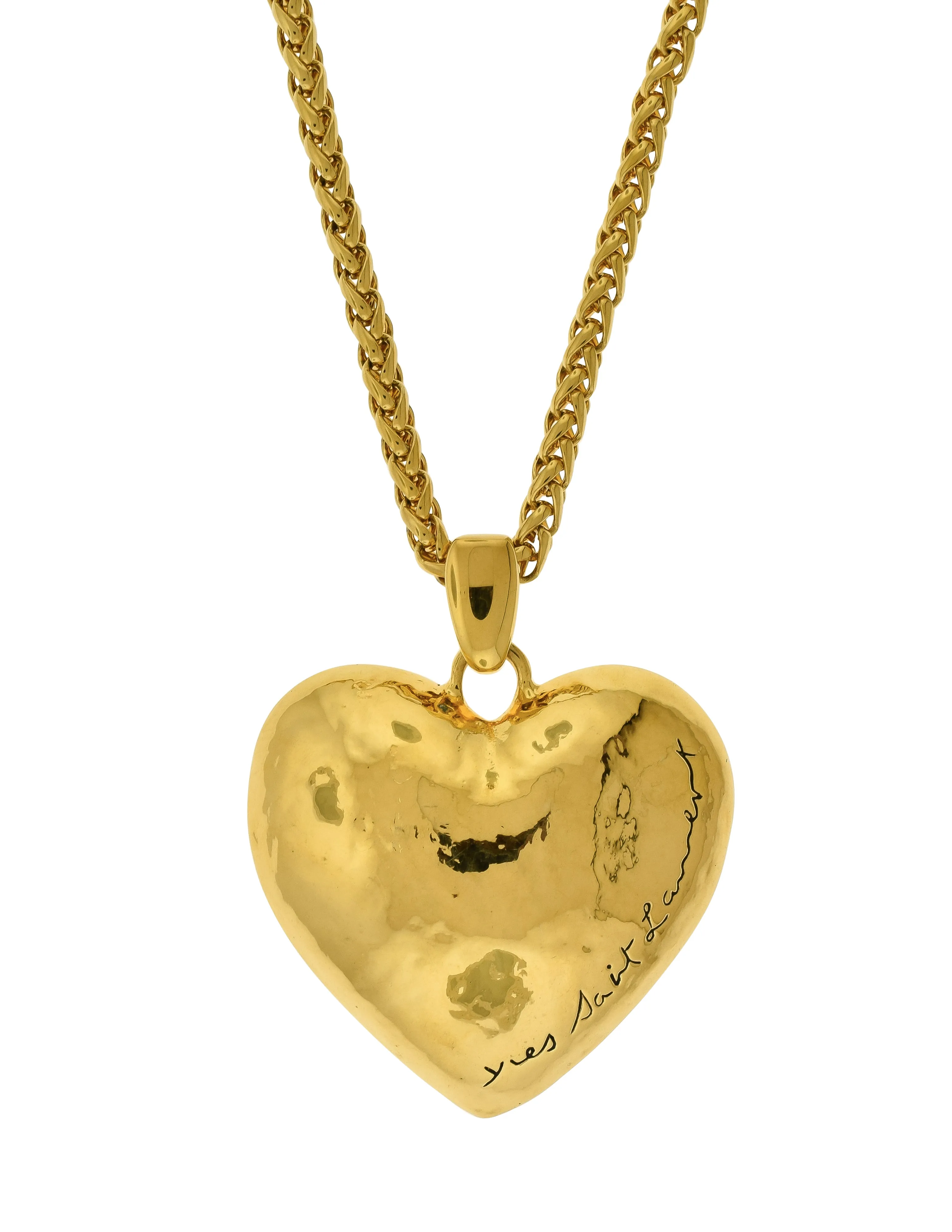 Yves Saint Laurent Vintage Namesake Hammered Golden Oversized Heart Pendant Necklace