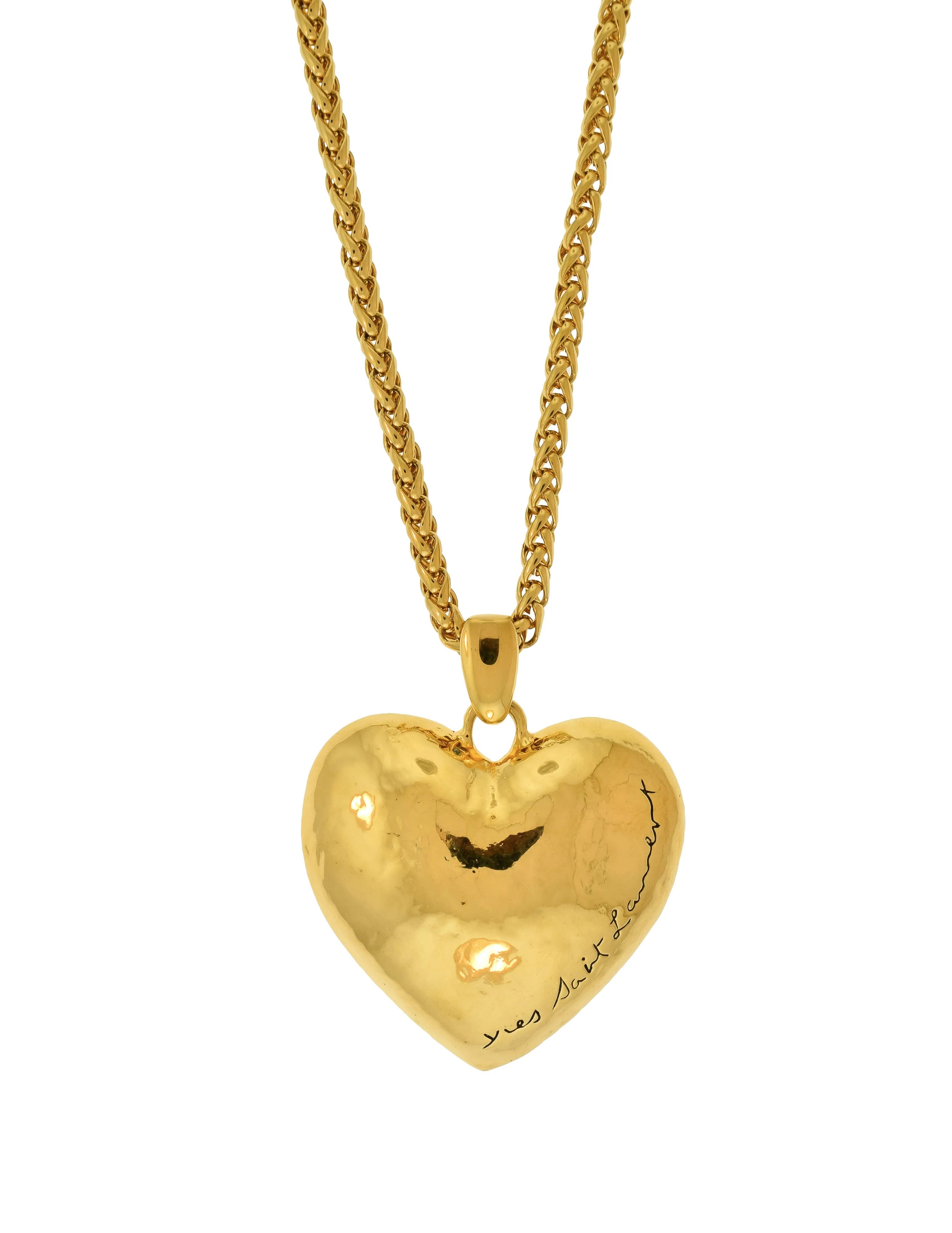 Yves Saint Laurent Vintage Namesake Hammered Golden Oversized Heart Pendant Necklace